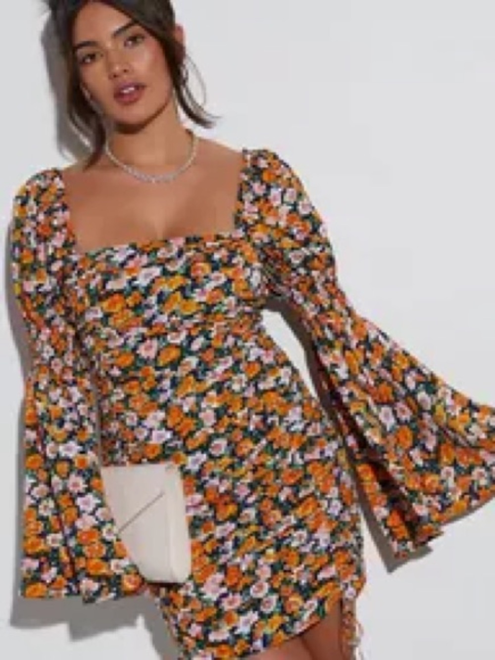 New Vici Square Neck Flare Long Sleeve Ruched Floral Mini Dress Size Large